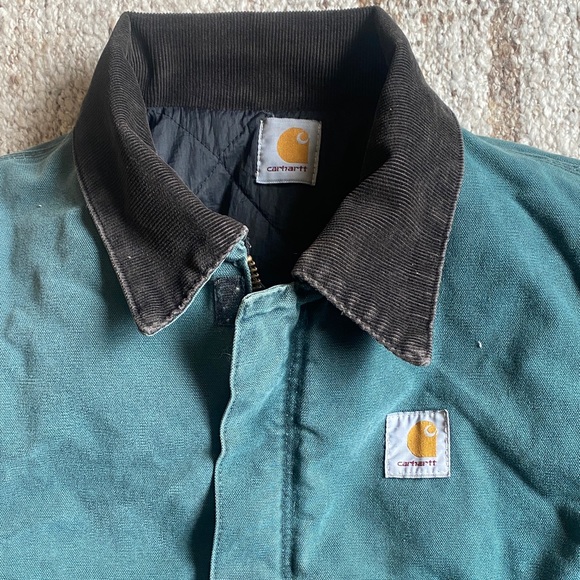 🍒V I N T A G E Carhartt Teal Duck Work Jacket with Dark Corduroy Collar R A R E - Picture 10 of 10
